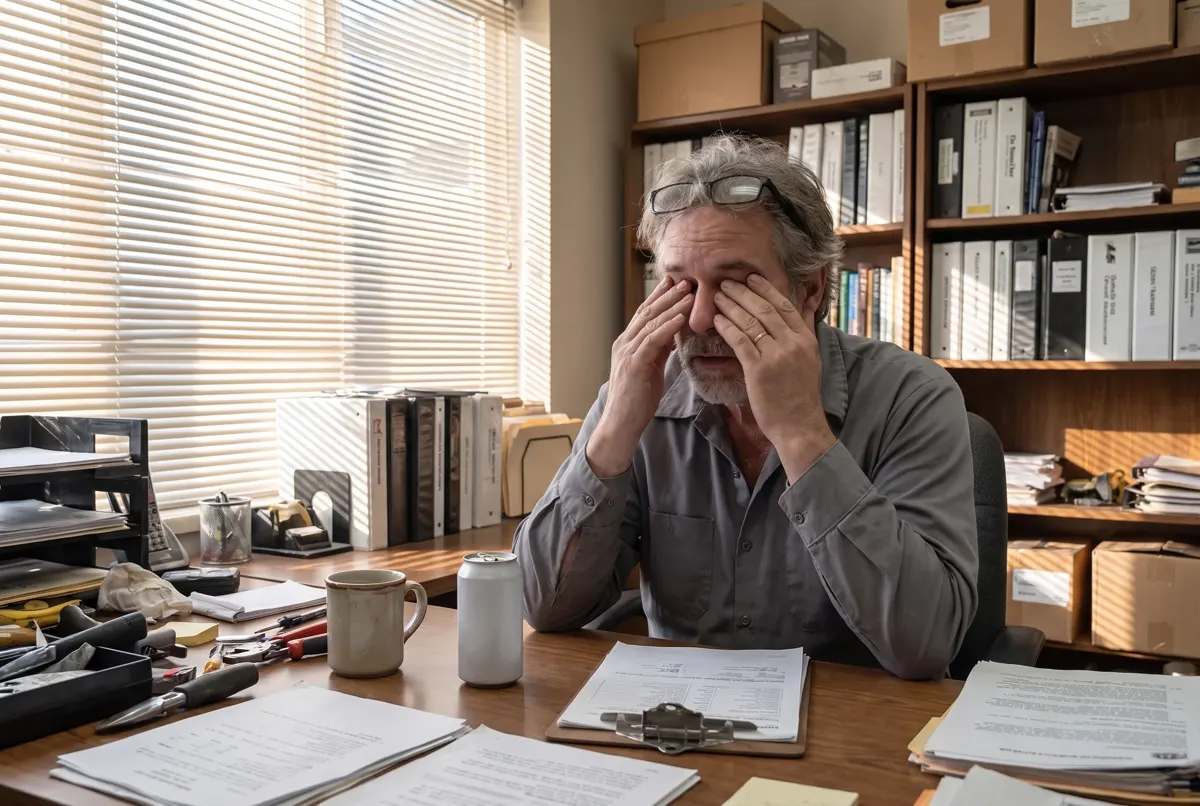 Exhausted man in his late 50s at his office desk in the afternoon with an energy drink