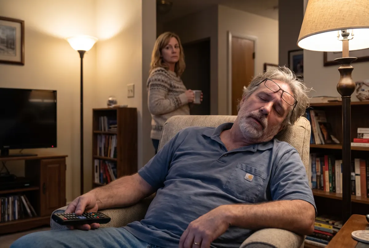 Tired man in his late 50s asleep on the couch while his wife walks to the hallway
