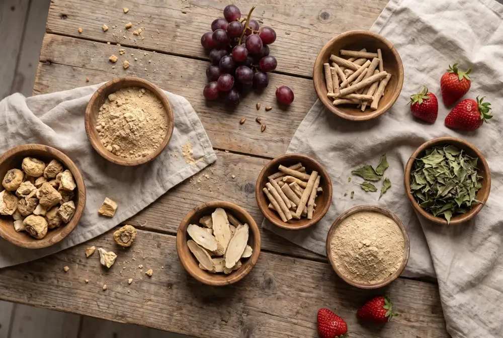 Flat lay of maca root, tongkat ali, ashwagandha, epimedium leaves and grapes on a wooden table