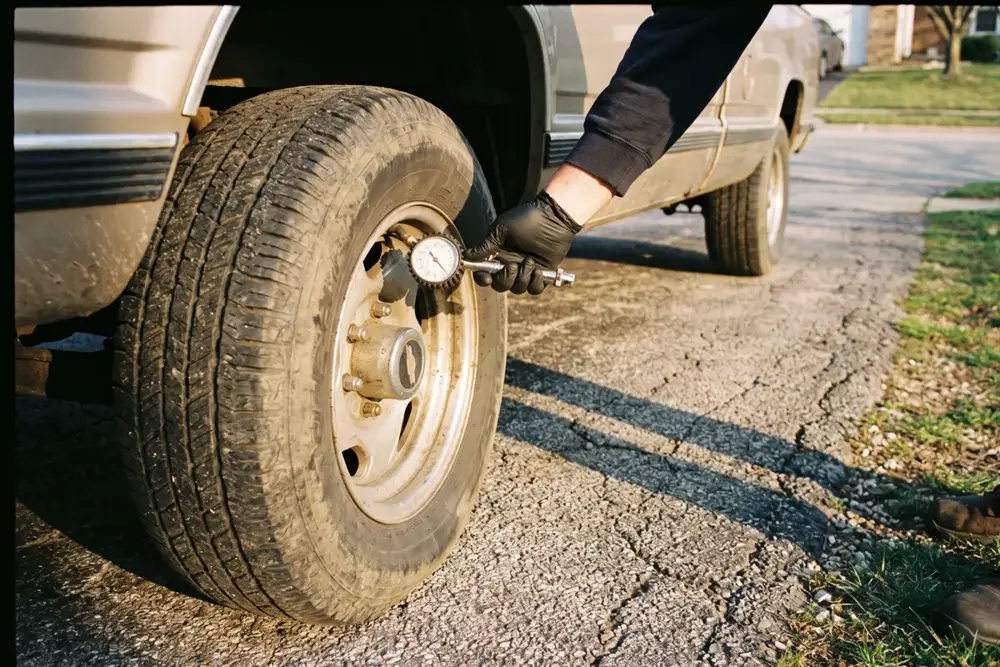 Man checking the air pressure of a slightly low truck tire