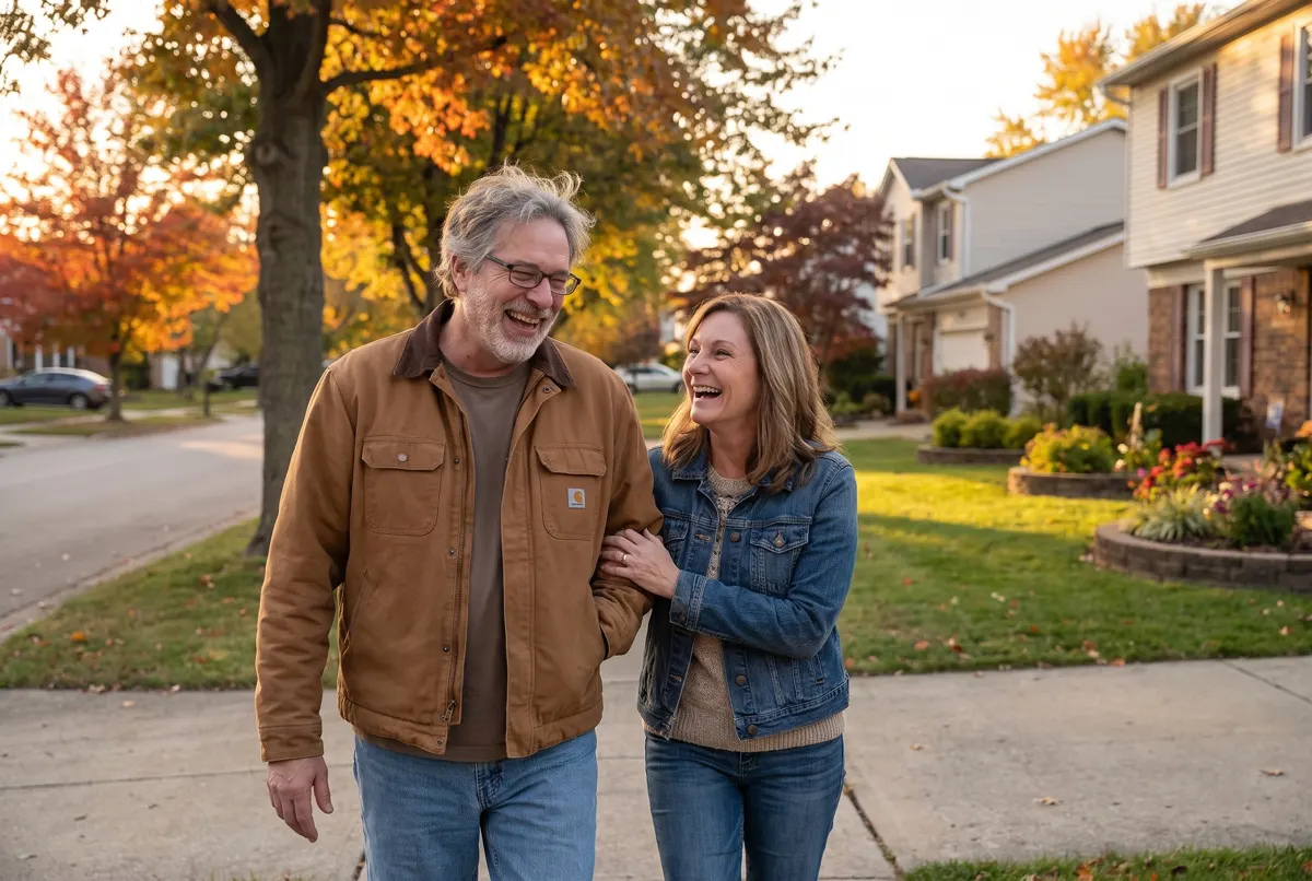 Happy couple in their late 50s walking in their neighborhood at sunset